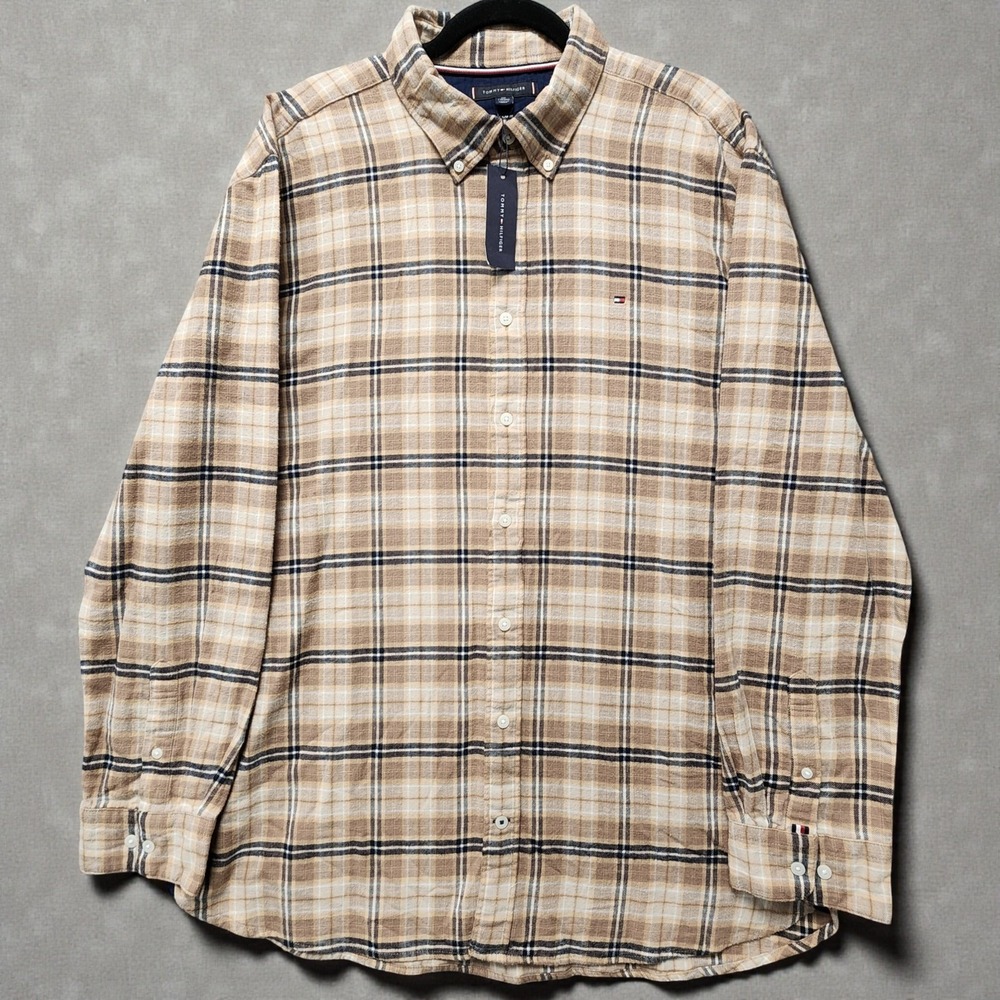 Tommy Hilfiger Lightweight Flannel Mens XXL Regular Fit Beige Brown Plaid NEW
